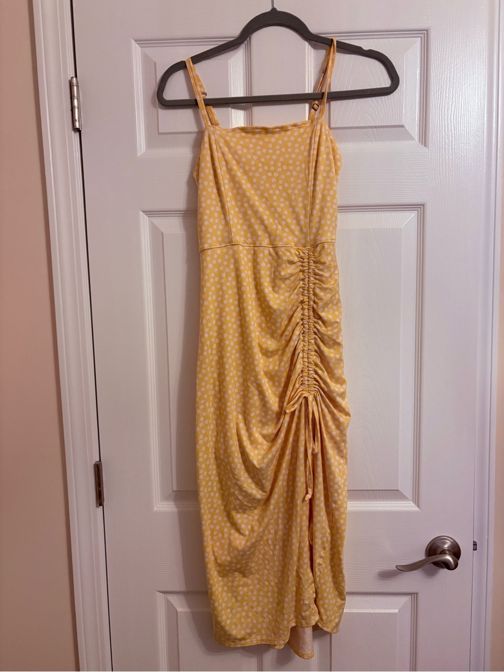Yellow Floral Ruched Midi Dress
